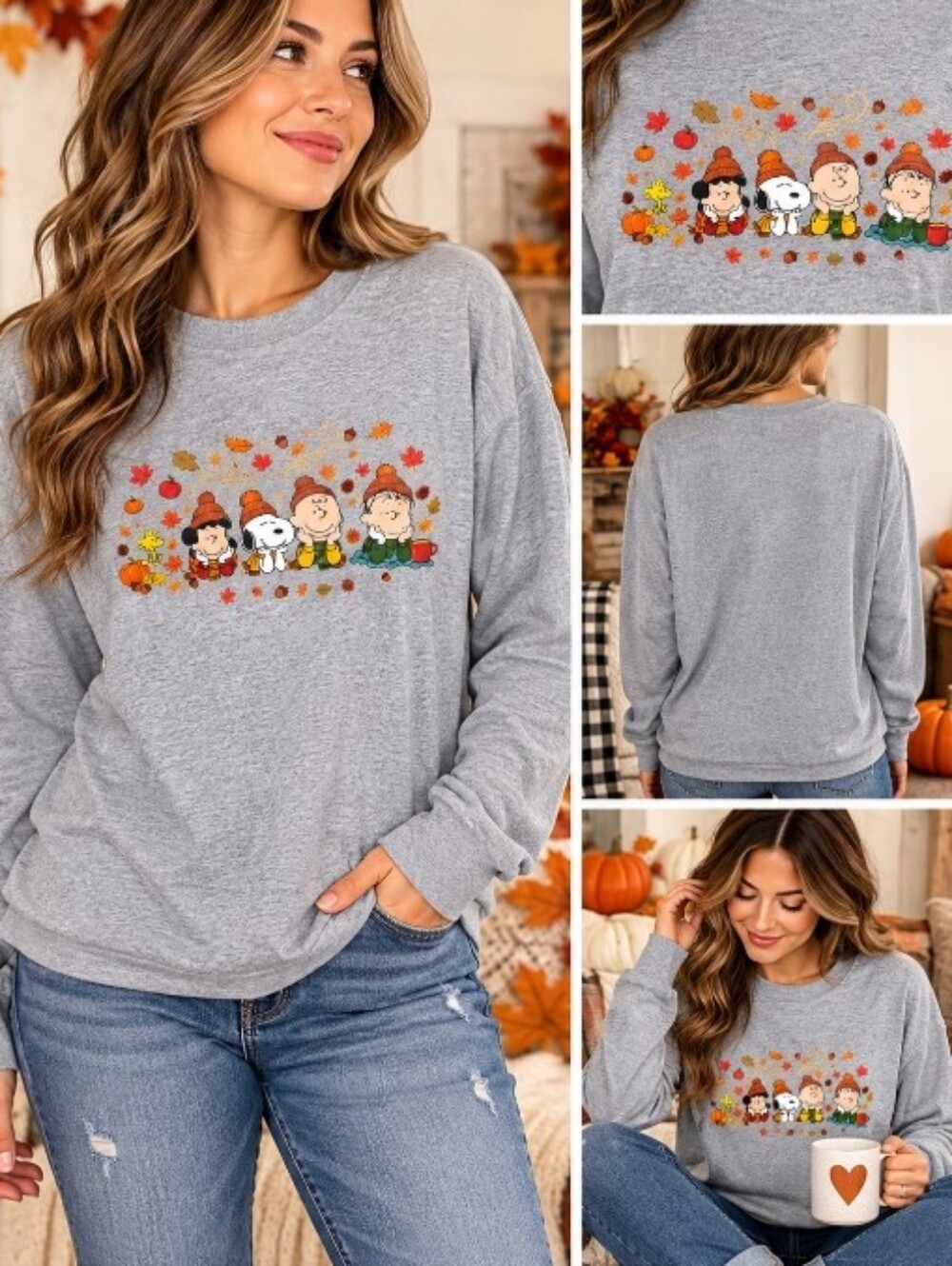 Peanuts Fall Autumn Large Long Sleeve Shirt Snoopy Charlie Brown Gray